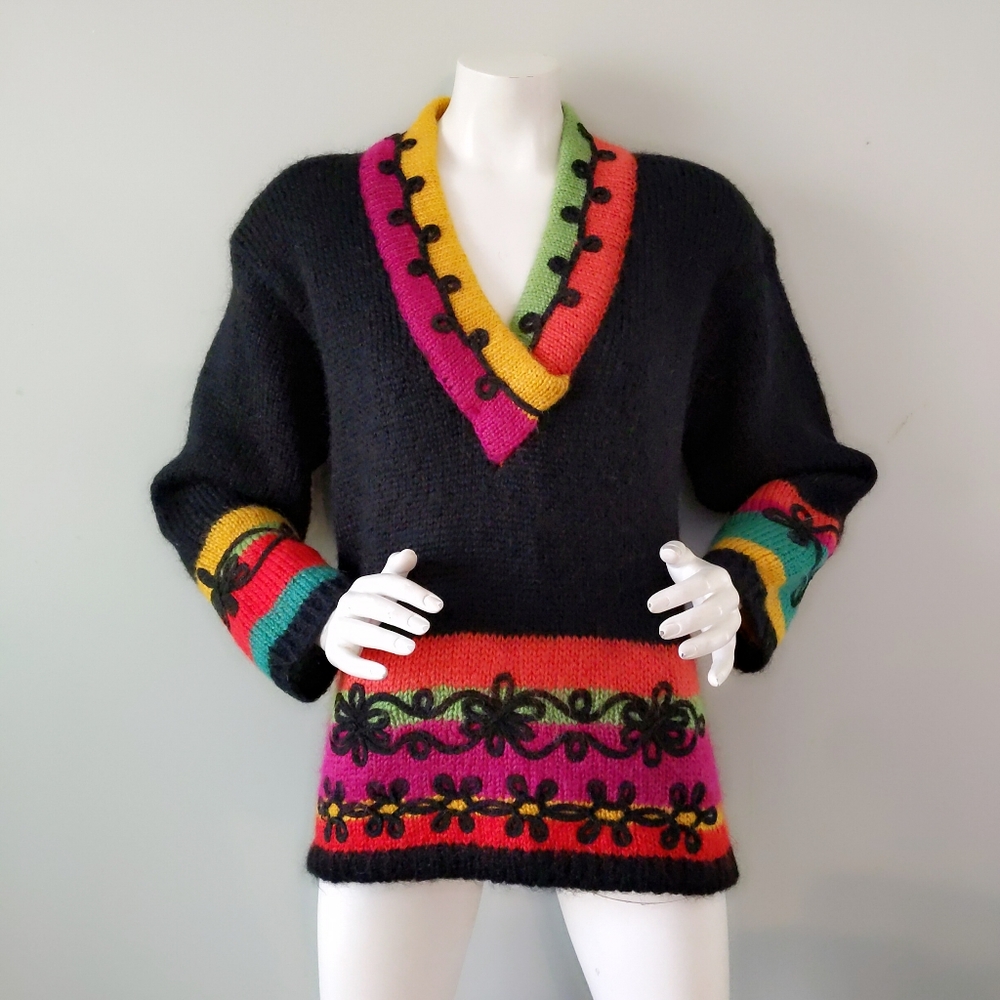 Vintage 90s Limited Rainbow Floral Scroll Mohair V Neck Oversized Sweater S